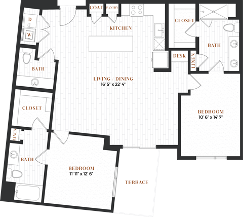 Floor plan for 2 beds, 2.5 baths, 1272 sqft
